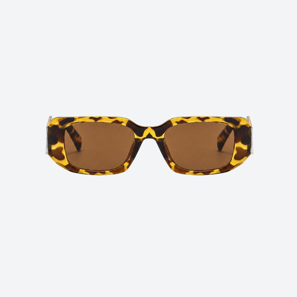 VYSER Sunglasses with leopard print frame and brown lenses on a white background