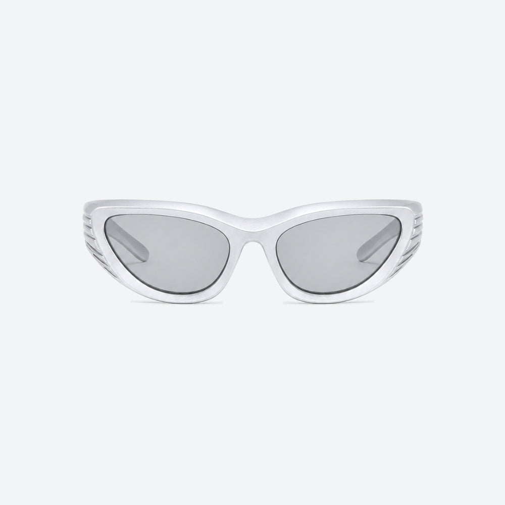 VYSER White wrap-around sunglasses with a sleek, futuristic design and silver mirrored lenses, shown on a white background.