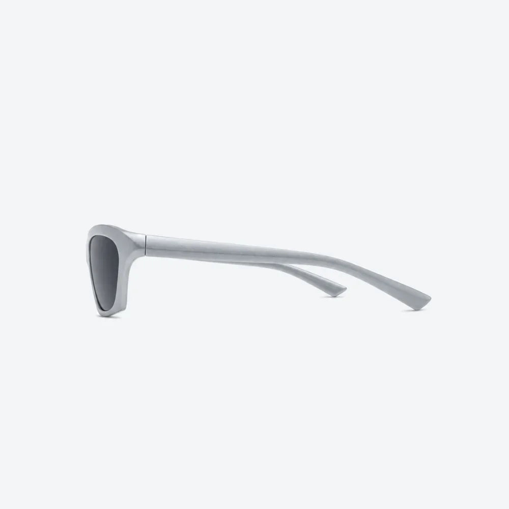 VYSER matte silver square sunglasses with sleek arms and dark lenses, modern streetwear style.