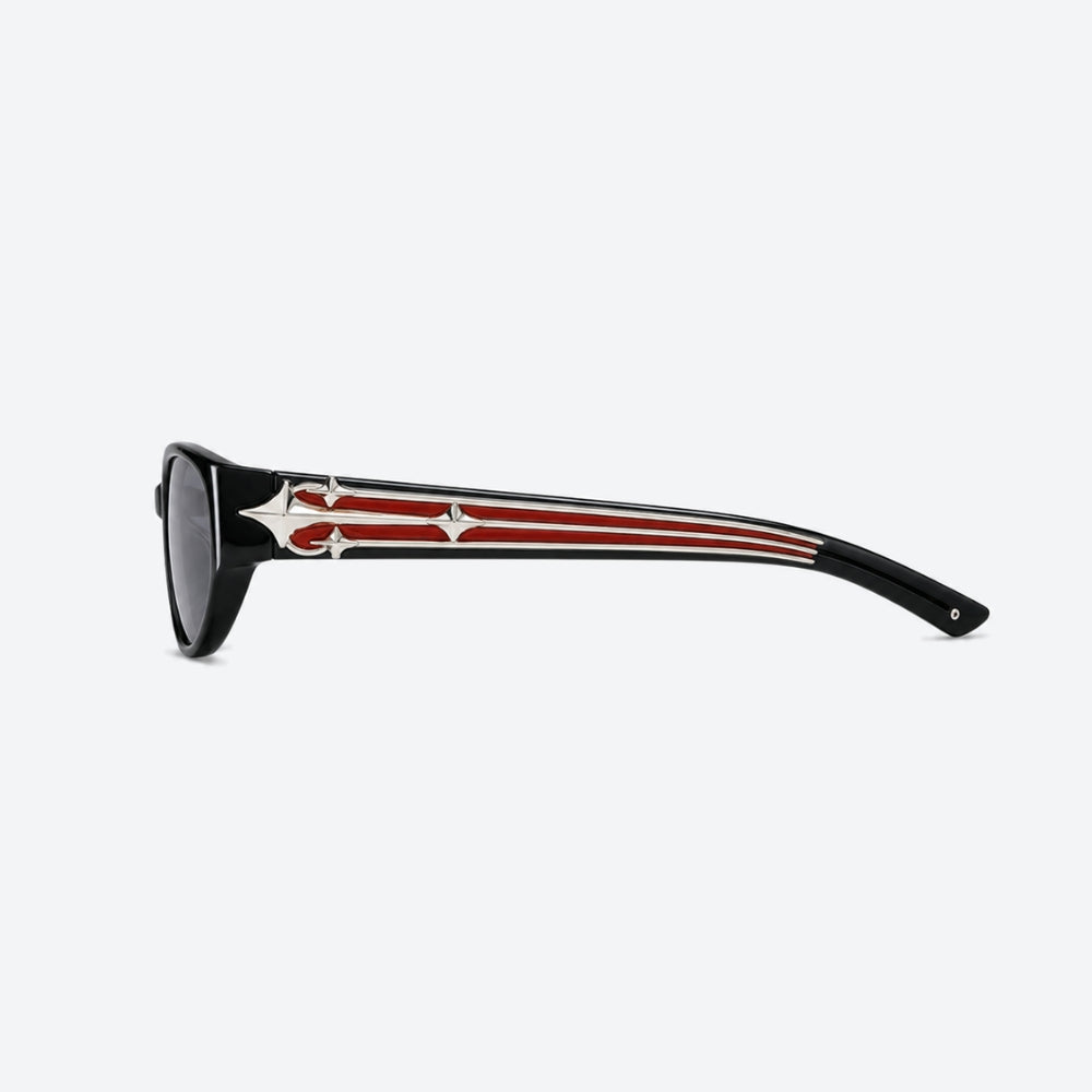 VYSER Black sunglasses with red and white design on a white background