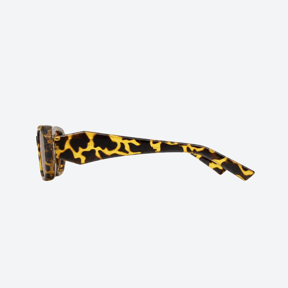 VYSER Sunglasses with leopard print frame and brown lenses on a white background