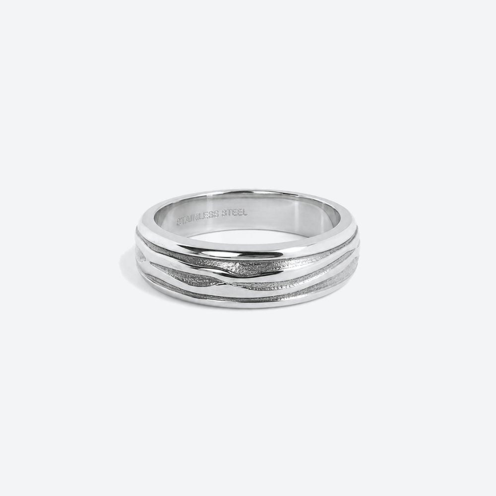 A silver-toned stainless steel band ring with a textured wavy pattern on the outer surface and a polished inner band, shown on a light gray background.