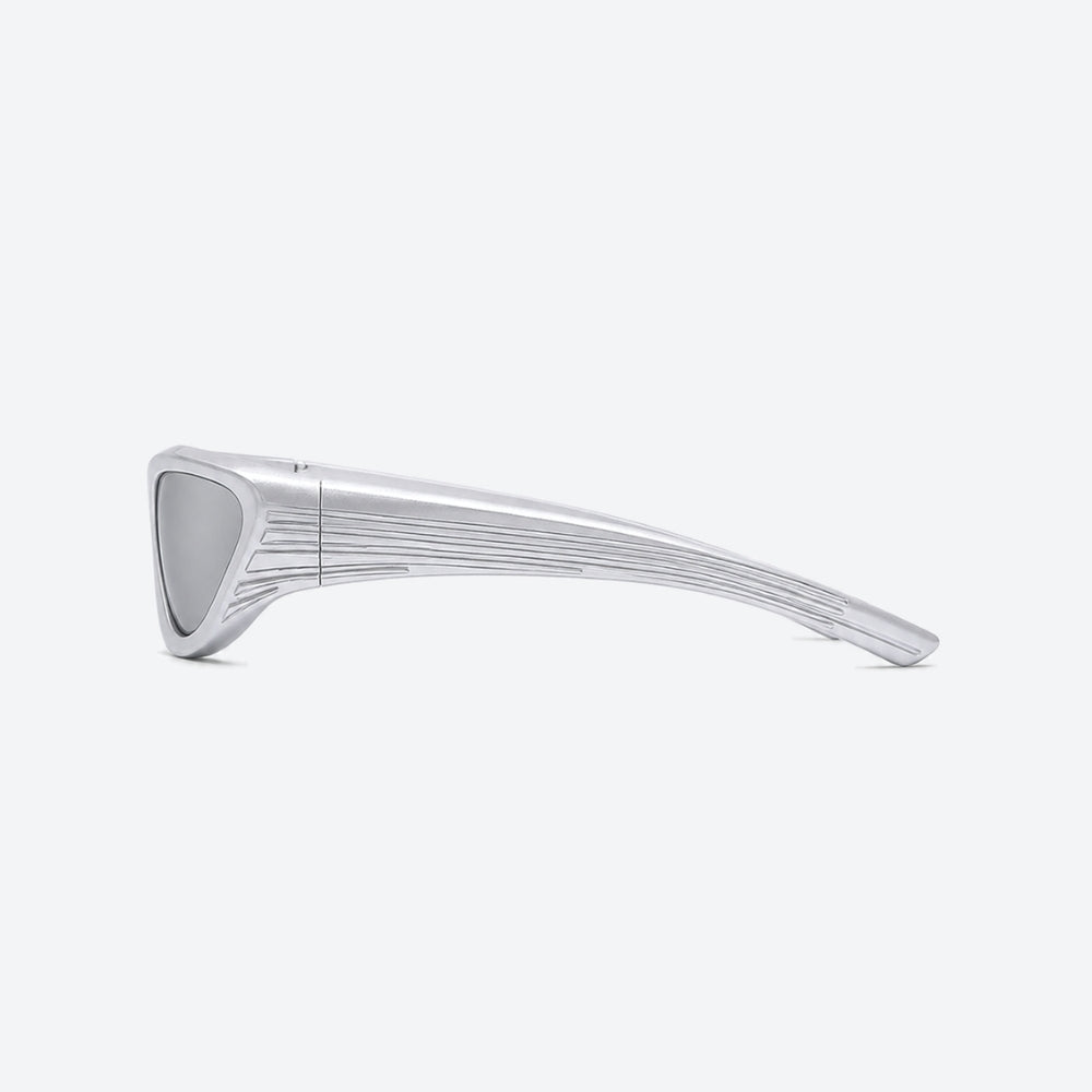 VYSER White wrap-around sunglasses with a sleek, futuristic design and silver mirrored lenses, shown on a white background.