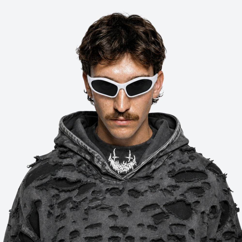 Person wearing a VYSER White sunglasses with dark lenses on a white background on a white background