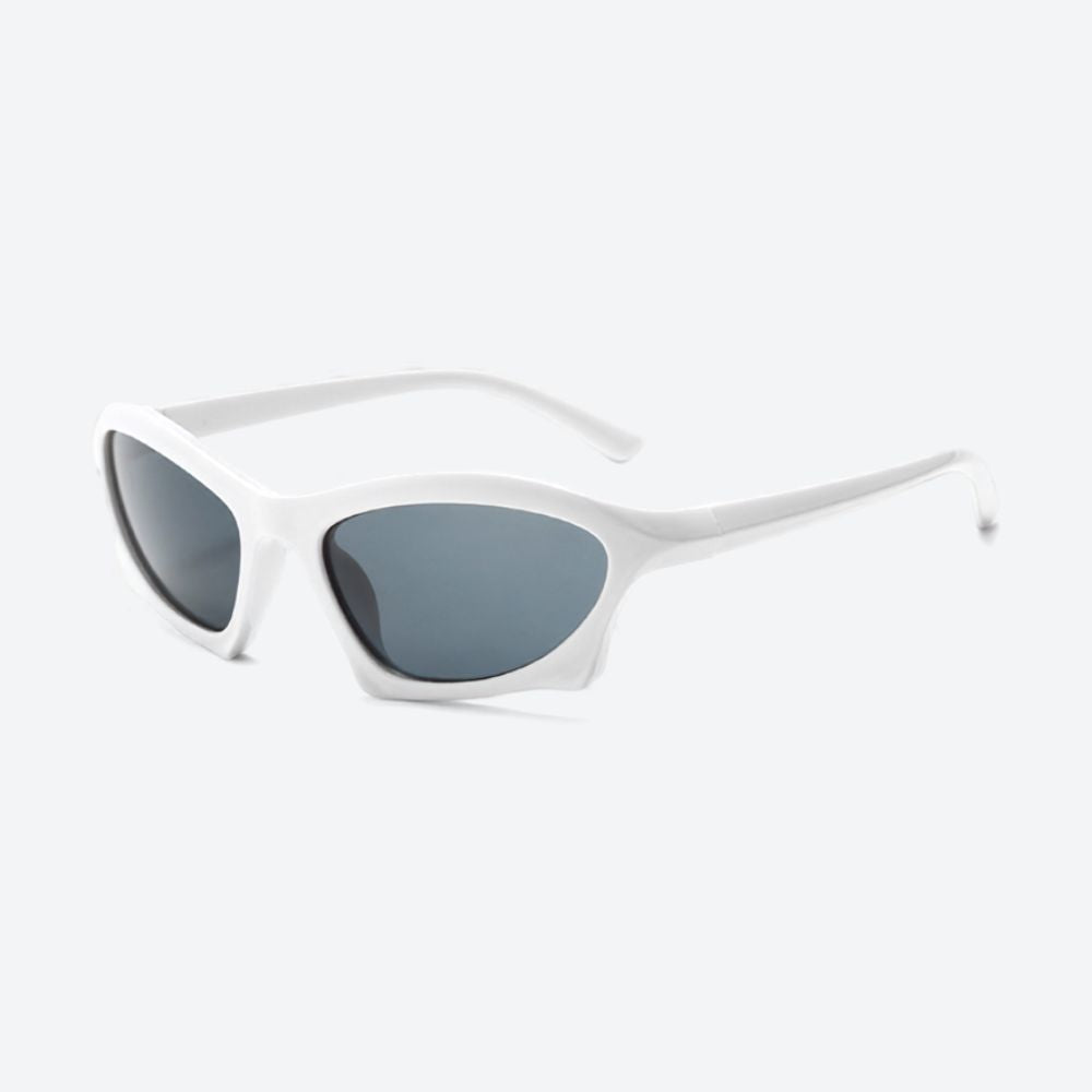 White cat-eye sunglasses with dark gray lenses, shown at a three-quarter angle on a light gray background.