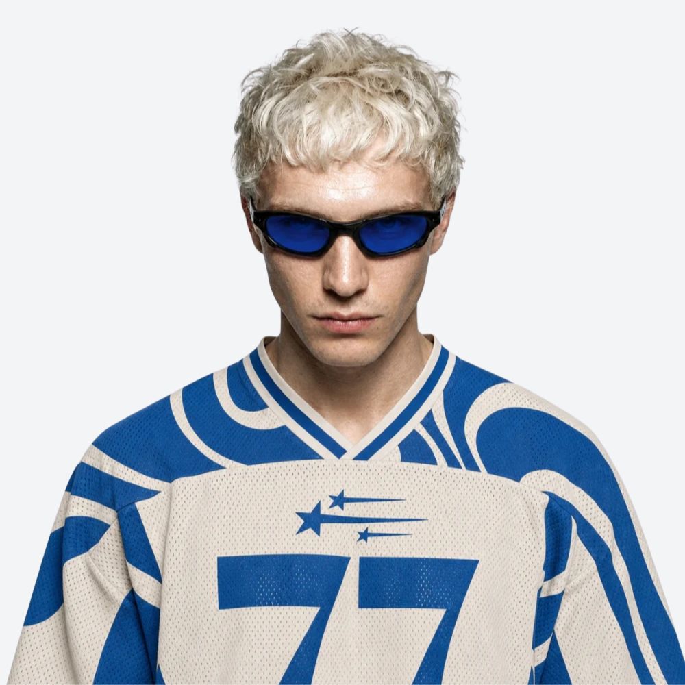 VYSER Black sunglasses with blue-tinted lenses on a white background