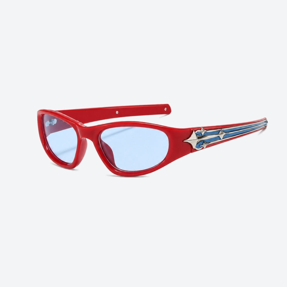 VYSER Red sunglasses with a decorative arm on a white background