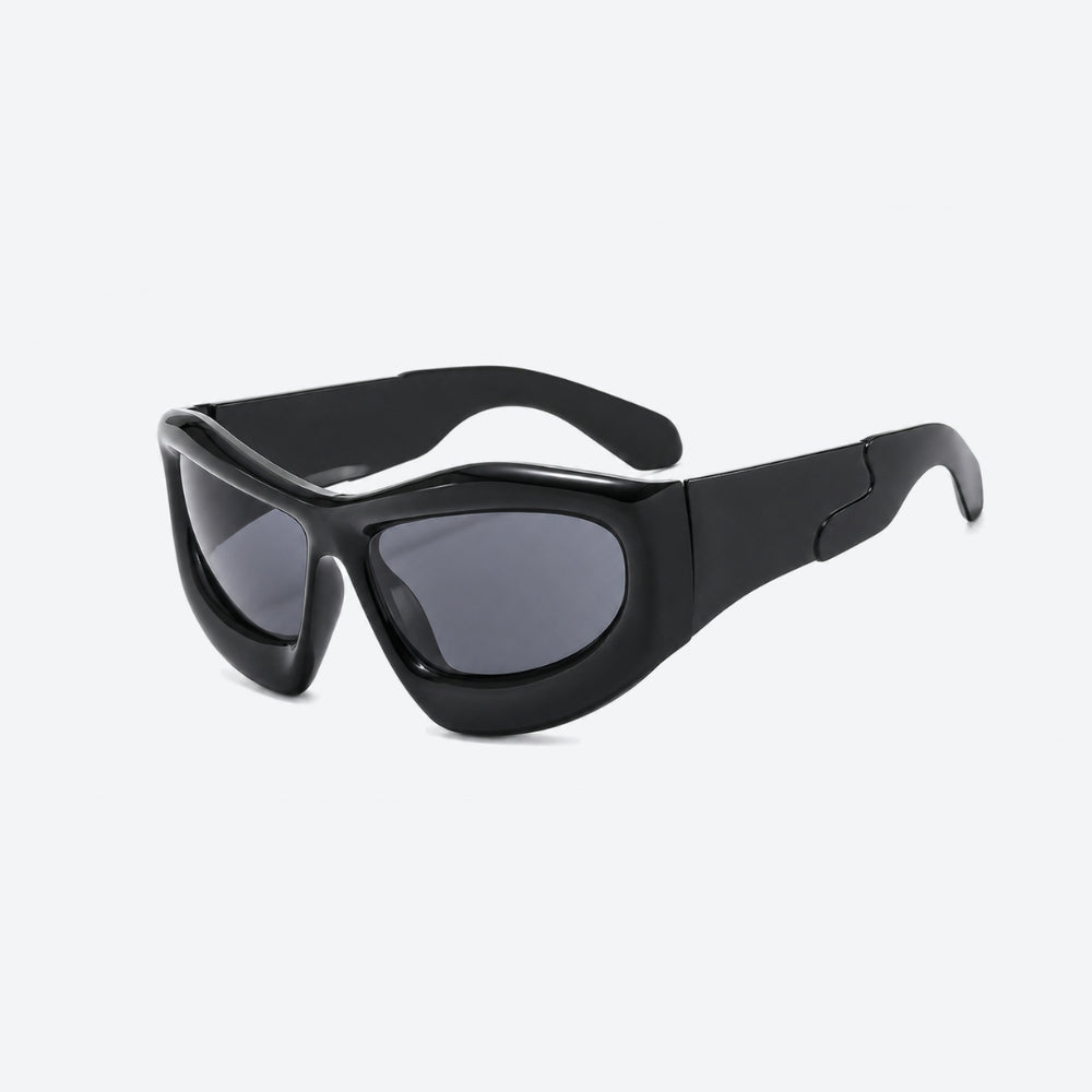 VYSER Black sunglasses with dark lenses on a white background