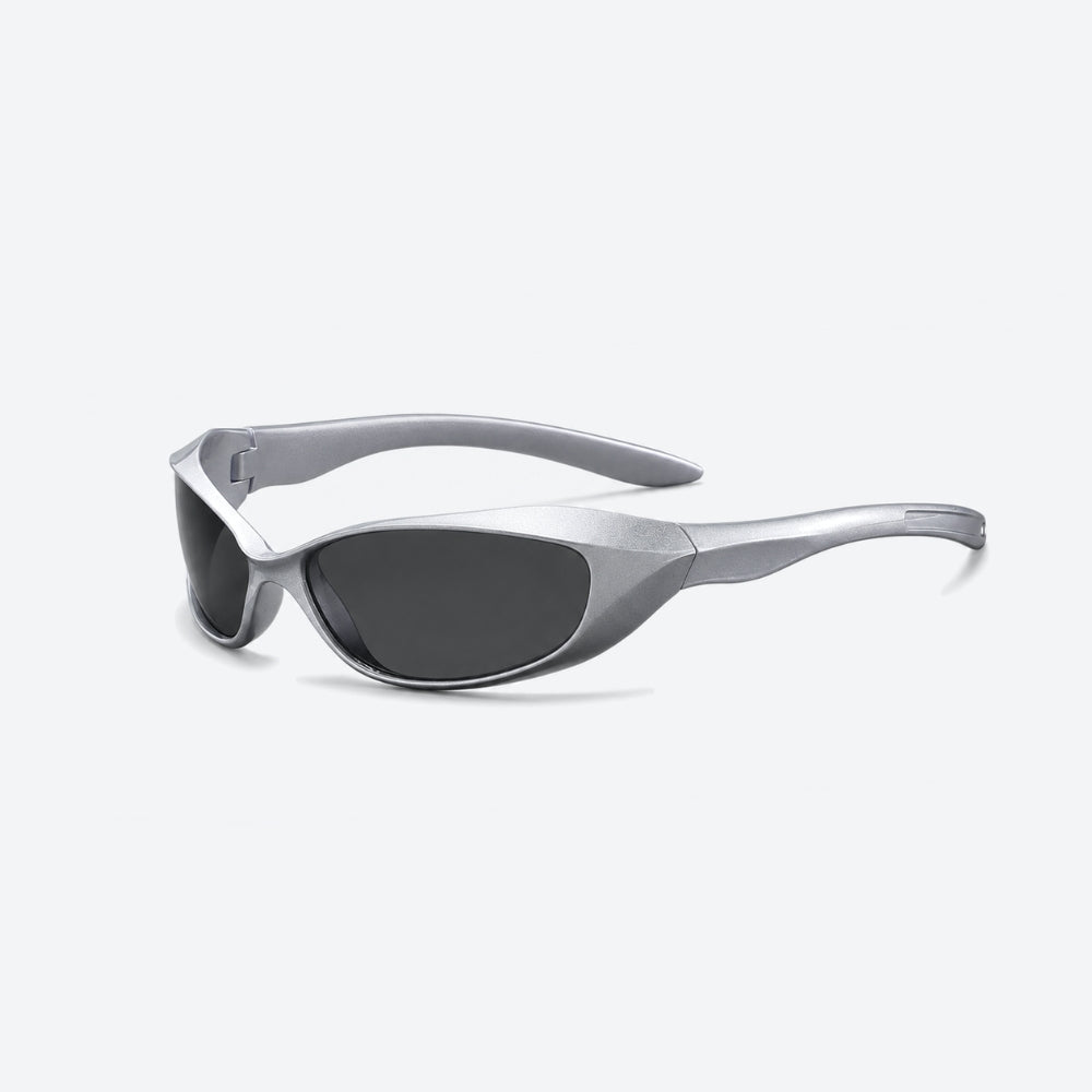 VYSER Silver sunglasses with dark lenses on a white background