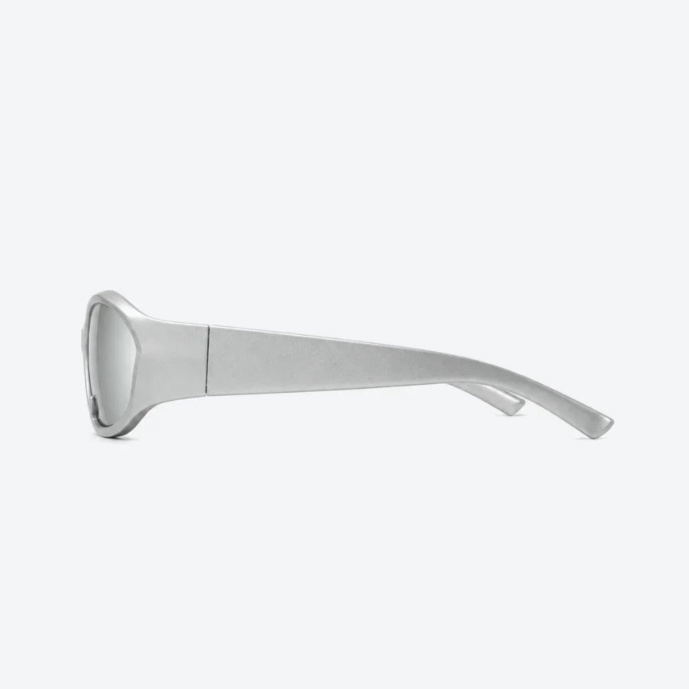 VYSER silver oversized sunglasses with sleek matte frame and reflective lenses, modern streetwear style.