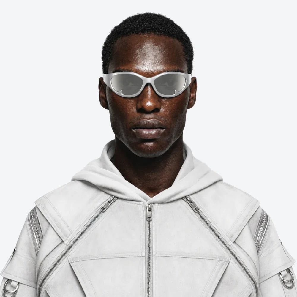VYSER futuristic white sunglasses with mirrored lenses, styled with a structured white hoodie for streetwear edge.